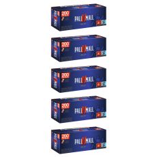 Gebinde Pall Mall Rot 200 Xtra Zigarettenhülsen. Fünf blaue Packungen mit rotem Pausezeichen und weißer Pall Mall Ausfschrift.
