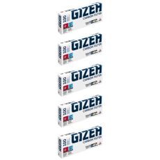 Gebinde Zigarettenhülsen Gizeh Carbon Filter. Fünf weiße Packungen mit dunkelblauer Gizeh Carbon Filter Aufschrift.