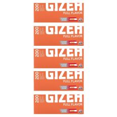 Gebinde Zigarettenhülsen Gizeh Full Flavor. Fünf orange Packungen mit weißer Gizeh Aufschrift und Gizeh Logo.