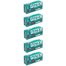 Gebinde Filterhülsen Gizeh Menthol Extra. Fünf grüne Packung mit weißer Gizeh Menthol Aufschrift und Filter Abbildung.