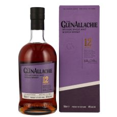 GlenAllachie 12 Jahre Speyside Single Malt Whiskey. Flasche mit lila-farbenden Etikett und schwarze GlenAllachie Aufschrift und Umverpackung.