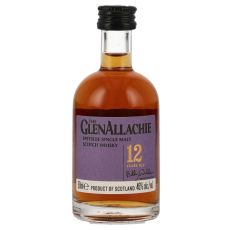 GlenAllachie 12 Jahre Speyside Single Malt Whiskey Miniatur. Kleine Flasche mit lila-farbenden Etikett und schwarze GlenAllachie Aufschrift.