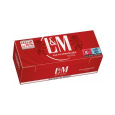 Packung Hülsen L&M Rot 250 Extra Size. Rote Packung mit weißem L&M Logo und dunkelroten Löwen.