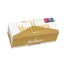 Packung Hülsen Marlboro Gold 250 Extra. Gold-weiße Packung mit Marlboro Aufschrift.