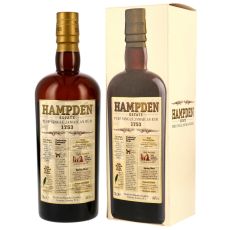 Hampden Pure Single Jamaican Rum 1753. Braune Flasche mit gold-beigen Etikett mit Hampden Aufschrift und beigen Geschenkkarton.
