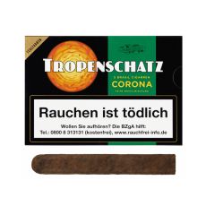 Packung Tropenschatz Zigarren Corona Brasil. Schwarz-grüne Schachtel mit weißer Tropenschatz Aufschrift.