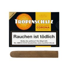 Packung Tropenschatz Zigarren Corona Sumatra. Schwarz-gelbe Packung mit weißer Tropenschatz Aufschrift.