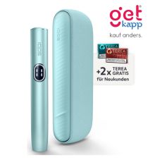 Aktion IQOS Iluma i Breeze Blue Registrierung. Hellblaues Gerät mit 2 Packungen Tabaksticks in türkis und bronze.