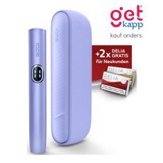 Aktion IQOS Iluma i Digital Violet Registrierung. Violettes Gerät mit 2 Packungen Tabaksticks in türkis und bronze.