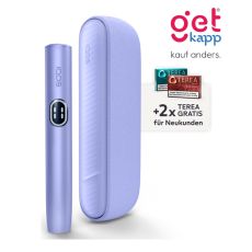 Aktion IQOS Iluma i Digital Violet Registrierung. Violettes Gerät mit 2 Packungen Tabaksticks in türkis und bronze.