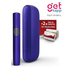 Aktion IQOS Iluma i Electric Purple Registrierung. Lila Gerät mit 2 Packungen Tabaksticks in türkis und bronze.