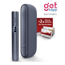 Aktion IQOS Iluma i Midnight Black Registrierung. Schwarzes Gerät mit 2 Packungen Tabaksticks in gold und rot.