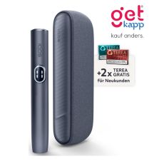 Aktion IQOS Iluma i Midnight Black Registrierung. Schwarzes Gerät mit 2 Packungen Tabaksticks in türkis und bronze.