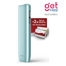 Aktion IQOS Iluma i One Breeze Blue Registrierung. Türkises Gerät mit 2 Packungen Tabaksticks in gold und rot.