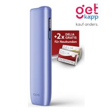 Aktion IQOS Iluma i One Digital Violet Registrierung. Violettes Gerät mit 2 Packungen Tabaksticks in gold und rot.