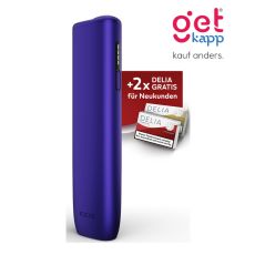 Aktion IQOS Iluma i One Electric Purple Registrierung. Lila Gerät mit 2 Packungen Tabaksticks in gold und rot.