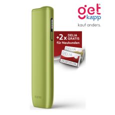Aktion IQOS Iluma i One Leaf Green Registrierung. Hellgrünes Gerät mit 2 Packungen Tabaksticks in türkis und bronze.