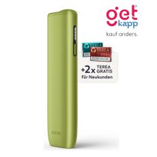 Aktion IQOS Iluma i One Leaf Green Registrierung. Hellgrünes Gerät mit 2 Packungen Tabaksticks in türkis und bronze.