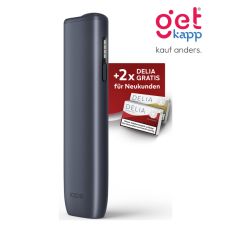 Aktion IQOS Iluma i One Midnight Black Registrierung. Schwarzes Gerät mit 2 Packungen Tabaksticks in türkis und bronze.