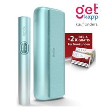 Aktion IQOS Iluma i Prime Breeze Blue Registrierung. Türkises Gerät mit 2 Packungen Tabaksticks in türkis und bronze.