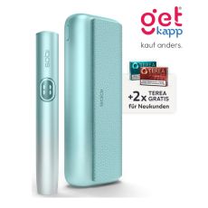 Aktion IQOS Iluma i Prime Breeze Blue Registrierung. Türkises Gerät mit 2 Packungen Tabaksticks in türkis und bronze.