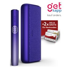 Aktion IQOS Iluma i Prime Electric Purple Registrierung. Lila Gerät mit 2 Packungen Tabaksticks in türkis und bronze.