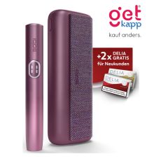Aktion IQOS Iluma i Prime Garnet Red Registrierung. Weinrotes Gerät mit 2 Packungen Tabaksticks in türkis und bronze.