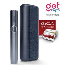 Aktion IQOS Iluma i Prime Midnight Black Registrierung. Schwarzes Gerät mit 2 Packungen Tabaksticks in türkis und bronze.