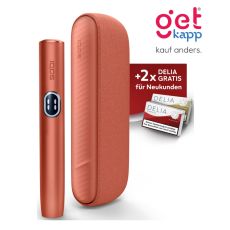 Aktion IQOS Iluma i Vivid Terracotta Registrierung. Braun-rotes Gerät mit 2 Packungen Tabaksticks in türkis und bronze.