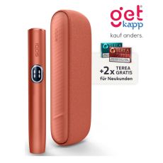 Aktion IQOS Iluma i Vivid Terracotta Registrierung. Braun-rotes Gerät mit 2 Packungen Tabaksticks in türkis und bronze.
