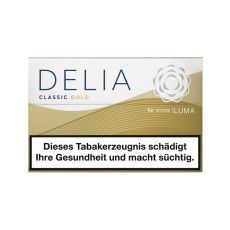Packung Tabaksticks IQOS Delia Classic Gold. Gold-weiße Packung mit Delia und Iluma Aufschrift.