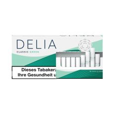 Stange Tabaksticks IQOS Delia Classic Green. Türkis-weiße Packung mit Delia Aufschrift und Sticks.