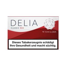 Packung Tabaksticks IQOS Delia Classic Red. Rot-weiße Packung mit Delia und Iluma Aufschrift.