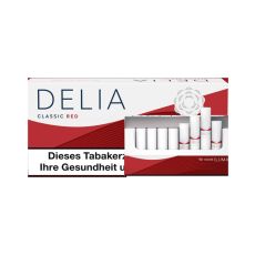 Stange Tabaksticks IQOS Delia Classic Red. Rot-weiße Packung mit Delia Aufschrift und Sticks.
