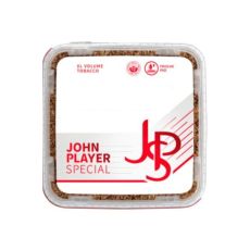 Eimer JPS Tabak Rot. Große weisse Box mit Warnhinweis und rotem JPS Logo.