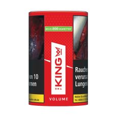 Dose The King Tabak Red Volume. Rote-weißer Dose mit roter The King Aufschrift und Krone.