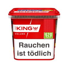 Eimer The King Tabak Red Volume Mega Box. Rote-weißer Eimer mit roter The King Aufschrift und Krone.