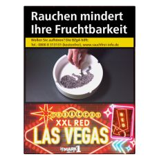 Schachtel Zigaretten Las Vegas XXL Red. Rote Packung mit gelben Las Vegas Logo mit weißer Mark 1 Aufschrift.
