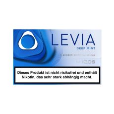 Packung Nikotinsticks IQOS Levia Deep Mint. Blau-weiße Packung mit blauem Ornament und blauer Levia Aufschrift.