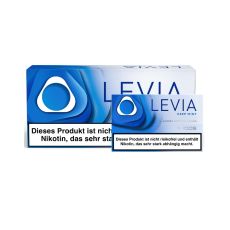 Gebinde Nikotinsticks IQOS Levia Deep Mint. Blau-weiße Packung mit blauem Ornament und blauer Levia Aufschrift.