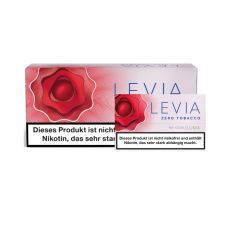Gebinde Nikotinsticks IQOS Levia Red Berry. Große weiß-rote Packung mit roter Blume und blauer Levia Aufschrift und offene Packung.