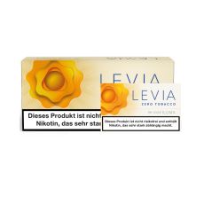Gebinde Nikotinsticks IQOS Levia Exotic. Große gelb-beige Packung mit gelber Blume und blauer Levia Aufschrift und offene Packung.