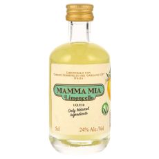 Mamma Mia Limoncello Likör Miniatur. Kleine klare Flasche mit blassgelben Inhalt mit gold-türkis-beigen Etikett mit goldener Mamma Mia Aufschrift.