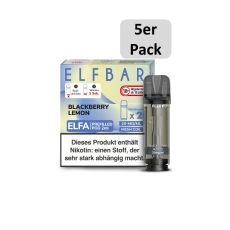 Elfbar Elfa Liquid Pods Blackberry Lemon. Lila-beige gemusterte Packung mit großer Elfbar Aufschrift 5er Pack Bottom.