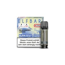 Elfbar Elfa Liquid Pods Blackberry Lemon. Lila-beige gemusterte Packung mit großer Elfbar Aufschrift und grauen Liquid Pod.