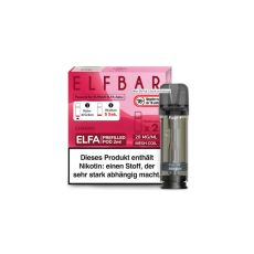 Elfbar Elfa Liquid Pods Cherry. Rot-rosa gemusterte Packung mit großer Elfbar Aufschrift und grauen Liquid Pod.