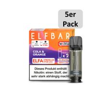 Elfbar Elfa Liquid Pods Cola und Orange. Orange-lila gemusterte Packung mit großer Elfbar Aufschrift und grauen Liquid Pod.