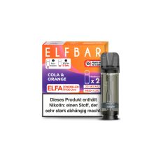 Elfbar Elfa Liquid Pods Cola und Orange. Orange-lila gemusterte Packung mit großer Elfbar Aufschrift und grauen Liquid Pod.