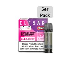 Elfbar Elfa Liquid Pods Dragon Fruit Blackberry. Lila-rosa gemusterte Packung mit großer Elfbar Aufschrift und grauen Liquid Pod.