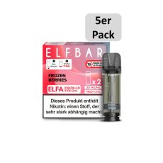 Elfbar Elfa Liquid Pods Frozen Berries. Rot-hellrosa gemusterte Packung mit großer Elfbar Aufschrift und 5er Pack Bottom.